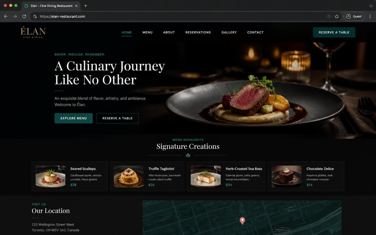 Template de site para restaurante gourmet em mockup de navegador